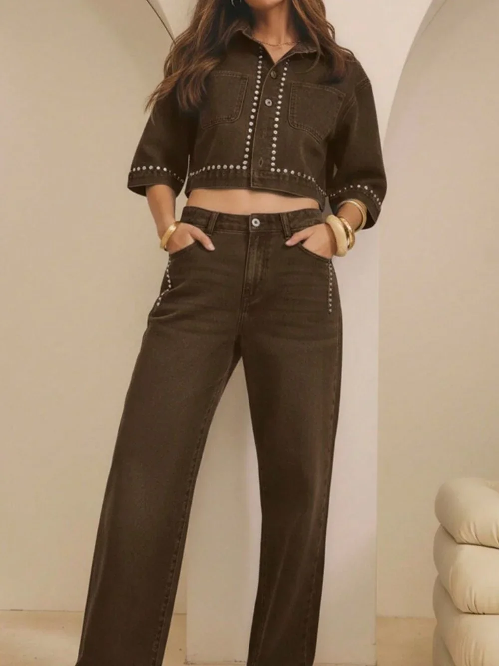 Chocolate Brown Casual Women's Studded Button Front Short Sleeve Cropped Jacket